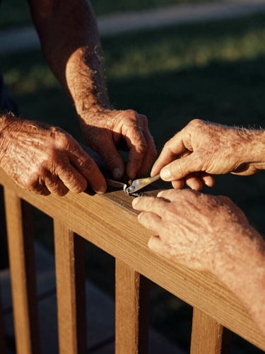 Close-up warm documentary photograph of two pairs of hands, one older, one younger, working together to repair a wooden porch railing, tools visible, natural golden-hour sunlight, rich earthy tones, candid human moment, 35mm film aesthetic. Portrait aspect.