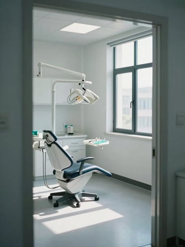 Wide interior of an empty dental consultation room photographed from the doorway, natural north-facing daylight entering through a tall window to the right, a clean operatory chair and instrument tray visible in the mid-ground, clinical white walls and minimal cabinetry, cool controlled ambient light, no people present, architectural calm