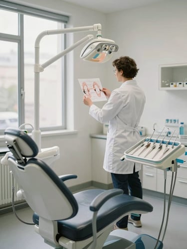 Wide environmental shot of a dental consultation room interior—empty operatory chair under soft north-facing window light, clinical instrumentation tray in precise order to the right, Dr. Clar in a white clinical coat standing in the background reviewing a printed occlusal diagram, muted white walls and clean surfaces, controlled natural daylight, no patients present
