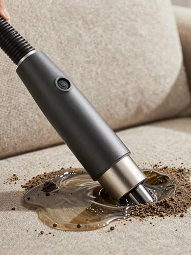 Extreme close-up of a professional extraction nozzle pulling dark water and sand out of a coastal-style linen sofa fabric, showing the clean texture underneath
