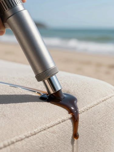 Extreme macro close-up of a professional extraction nozzle drawing dark, dirty water from a light beige linen sofa fabric, bright coastal daylight, clinical clean water line visible.