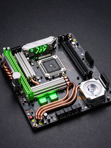 Macro shot of a high-end motherboard, glowing neon green LED backlights, clean copper heat pipes, dark slate gray background, professional studio lighting, 35mm lens