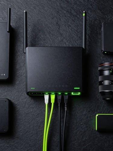 Top-down flat lay of an organized tech-lab workbench, clean cable management, high-end routers, dark slate background, neon green LED highlights, macro lens