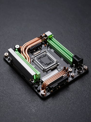 Macro shot of a high-end motherboard, clean copper heat pipes, subtle neon green LED backlighting, dark slate background, professional studio lighting