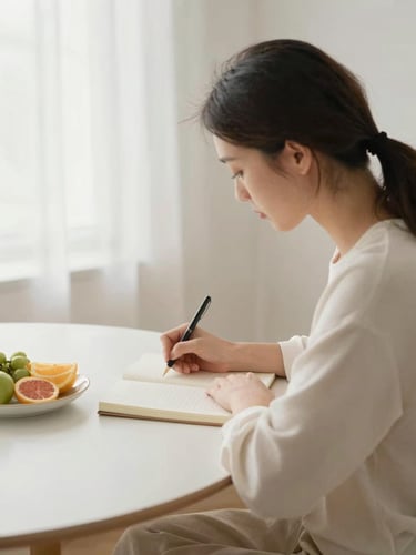A woman journaling or meditating in soft morning light, healthy food on the table, clean minimalist composition, warm editorial photography.