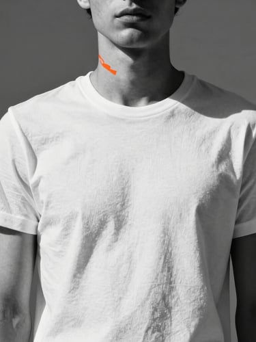Low-angle studio fashion photograph of a model wearing a structured white T-shirt, direct harsh sunlight casting sharp shadows, high-contrast minimalist background, 35mm lens.