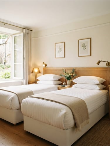 Bright, clean guest room with soft warm interior lighting, crisp white linens on twin beds, natural daylight from a wide window, 35mm lens