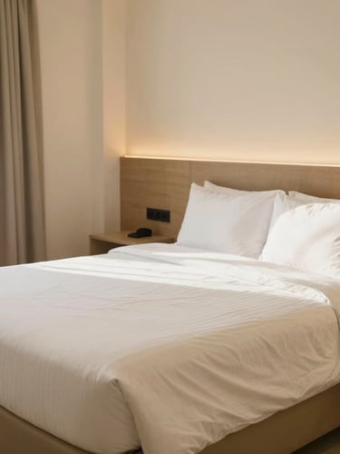Bright clean guest room at Tulip Inn Al Dar Madinah, crisp white linens on a large comfortable bed, soft warm interior lighting, morning light, 35mm photography