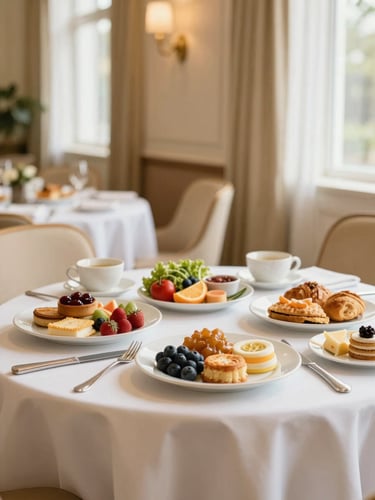 Bright clean hotel dining room with fresh breakfast spreads, warm natural daylight, soft gold and cream tones, 35mm lens