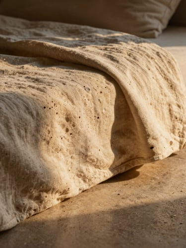 Extreme macro close-up of heavy linen sheets and textured travertine stone under warm, soft interior ambient light, highlighting rich tactile materials, cinematic architectural photography, golden-hour low-sun, warm sand and obsidian tones, dramatic shadows, medium format