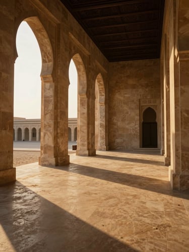 Extreme wide-angle architectural photograph of a soaring travertine colonnade at the Zayed Estate, low-sun golden hour casting dramatic long shadows across warm sand-toned floors, medium format