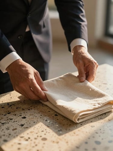 Extreme close-up of a butler in a dark suit adjusting a heavy linen napkin on a travertine table, soft morning light, shallow depth of field