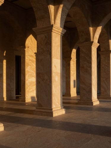 Extreme wide-angle architectural shot of soaring travertine colonnades at dusk, dramatic golden-hour shadows casting long lines across a private terrace.