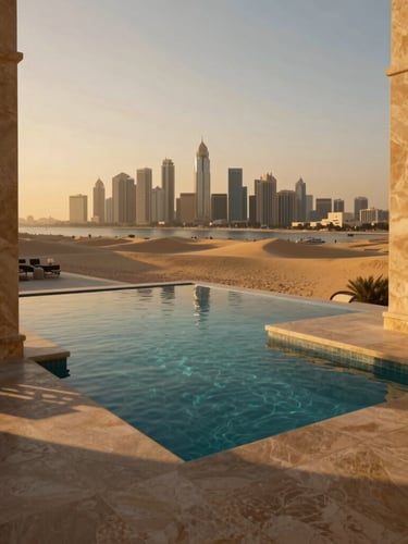 Extreme wide-angle architectural shot of a private plunge pool overlooking the Sheikh Zayed skyline at dusk, dramatic golden-hour shadows, warm travertine stone, medium format.