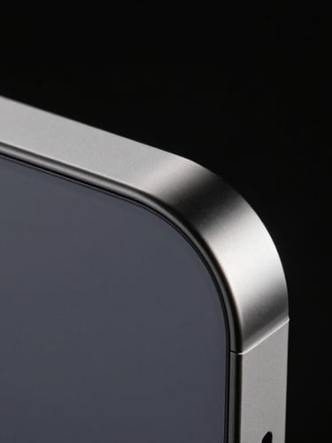 Extreme studio macro close-up of a BAZOVI case corner, highlighting the ultra-slim profile and the seamless 0.01mm fit against the iPhone Pro titanium bezel, sharp rim lighting, pitch-black background