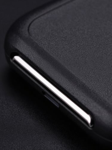 Extreme macro close-up of a pitch-black aramid fiber case edge, sharp studio rim lighting, deep black background, ultra-detailed product photography