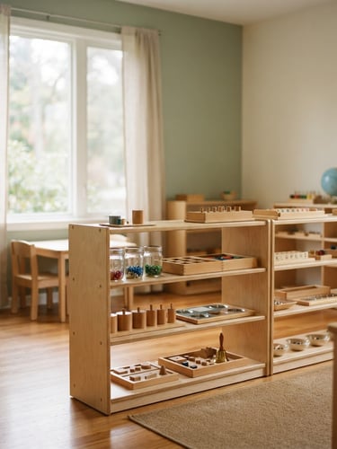 Soft-focus empty Montessori preschool classroom with natural wooden materials on low shelves, warm diffused daylight streaming through a window, muted sage and cream tones, shallow depth of field