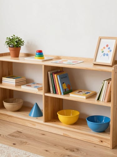 Light wood shelves in a bright, sunlit room with minimalist decor.