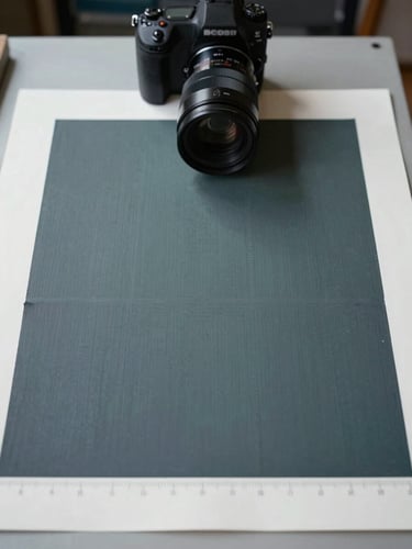 Close-up overhead of a large-format print sheet on the shop floor, camera low and tight on the printed surface — sharp color registration, visible ink texture on matte substrate, a ruled edge visible at the bottom, cool studio daylight from above
