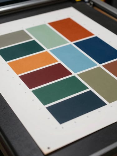 Close-up overhead view of a large-format print sheet on a production table, rich color blocks and precise registration marks visible, studio daylight from the left, sharp edge detail