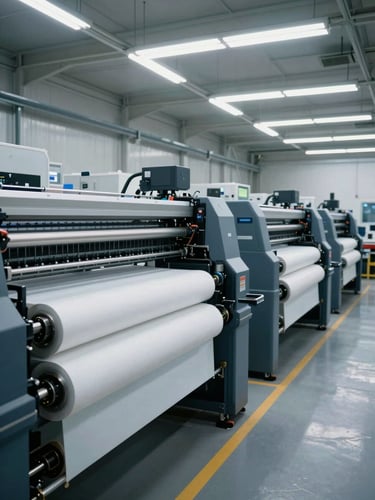 Wide panoramic view of a large-format digital printing facility, production machines running mid-job to the right, rolls of substrate visible on floor, cool daylight from overhead skylights, technical facility in active working state