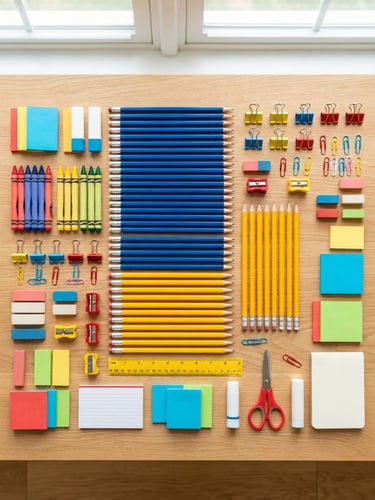 Bright overhead flat-lay of neatly organized colorful school supplies, royal blue and school-bus yellow pencils, clean natural daylight, sharp focus