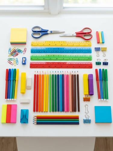 Overhead flat-lay of colorful school supplies, scissors, rulers, and colored pencils arranged neatly on a clean white desk, bright natural daylight