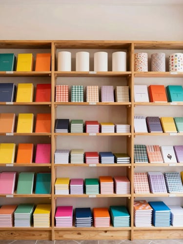 Warm daylight interior shot of a friendly local stationery store in Morelia, neatly organized shelves with notebooks and colorful paper rolls, welcoming atmosphere