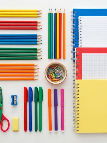 Overhead flat-lay of colorful school supplies, neatly organized wooden pencils, notebooks, and scissors on a clean white desk, bright natural daylight