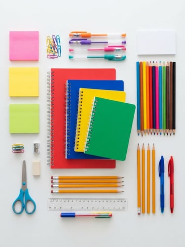 Overhead flat-lay of vibrant school supplies, clean natural daylight, colorful notebooks and pencils arranged neatly on a white background, sharp focus