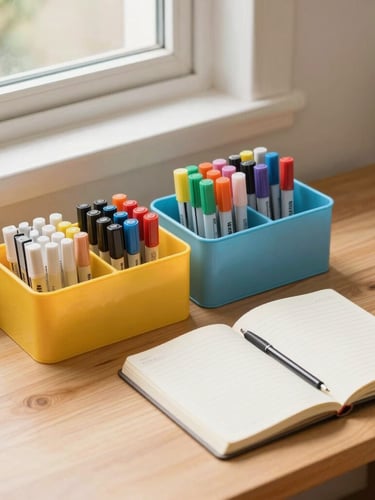 A cozy study corner with a wooden desk, a colorful desk organizer filled with markers, a notebook open, soft window light, warm and inviting atmosphere