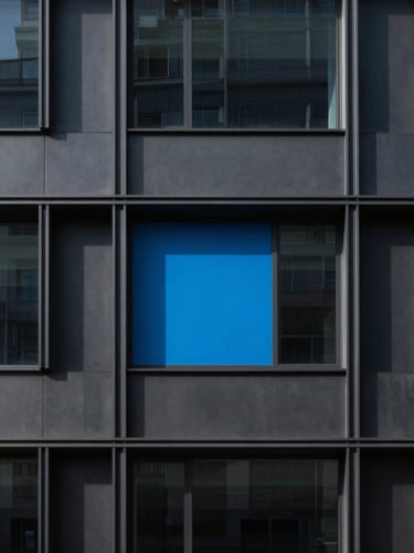 Minimalist architectural crop of a modern corporate office facade with sharp geometric shadows in cool crisp daylight, 35mm