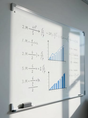 Abstract close-up of a whiteboard with complex mathematical formulas and sales charts, cool crisp office daylight, sharp shadows, 35mm