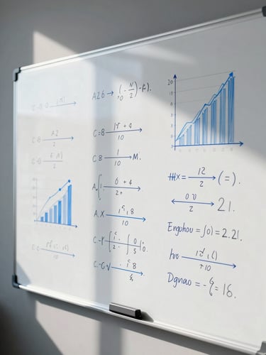 Tight abstract crop of a high-end corporate office whiteboard covered in clean mathematical formulas and sales performance graphs, cool crisp daylight, sharp shadows.