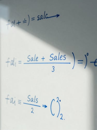 Abstract close-up of a whiteboard covered in mathematical sales formulas, cool daylight, sharp shadows, minimalist corporate style
