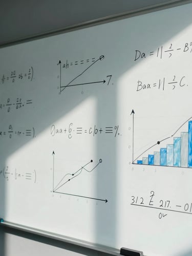 An abstract close-up of a glass whiteboard covered in clean mathematical formulas and sales performance graphs, sharp shadows cast by cool office daylight, minimalist corporate environment.
