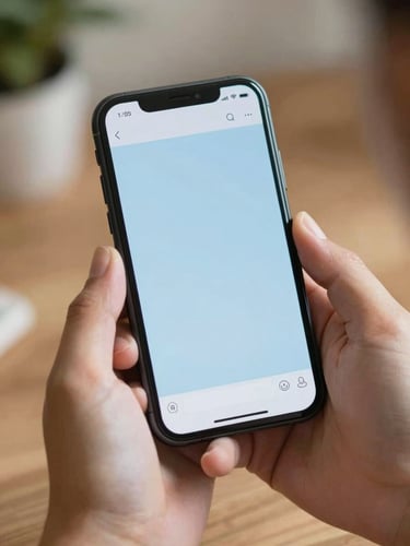 Close-up of hands holding a smartphone displaying a clean chat screen with a soft blue background, natural daylight, warm indoor setting, conveying safety and relief.