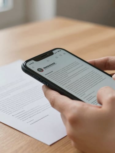 Close-up of hands holding a smartphone over an official German letter on a wooden table, capturing a clear photo, bright natural window light, focused and sharp.