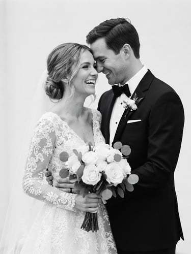Editorial portrait of a bride and groom in elegant attire, soft natural daylight, clean white background, romantic and sophisticated