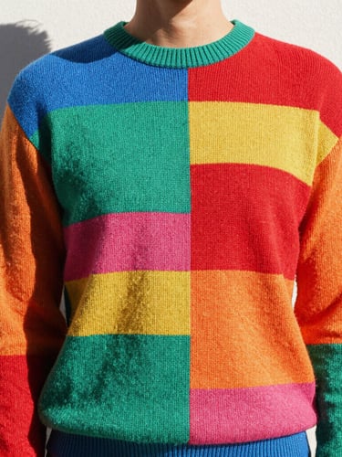 Vibrant editorial photography of a model wearing a clashing patterned knit sweater in bright direct midday sunlight, casting sharp playful shadows, highly saturated colors, 35mm