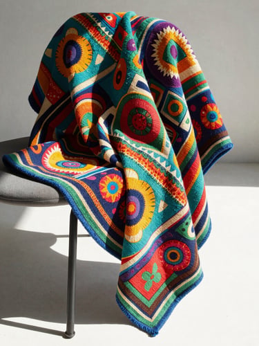 Vibrant editorial photography of a colorful patterned textile draped over a modern chair, bright direct sunlight, sharp playful shadows