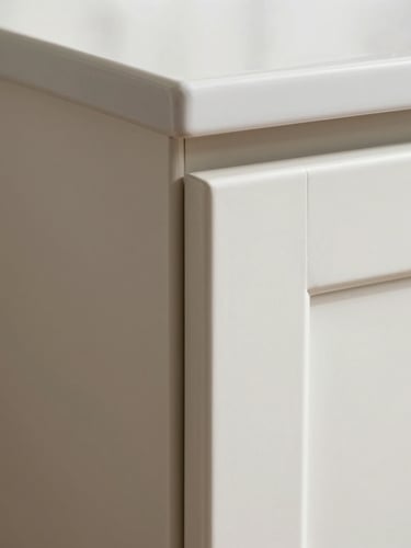 Macro close-up shot of a slim shaker cabinet door corner showing precise joinery and smooth paint finish, bright natural daylight.