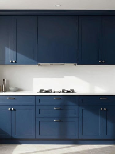 Straight-on architectural elevation of a modern kitchen featuring deep navy blue and crisp white shaker cabinets, bright natural daylight, clean shadows.