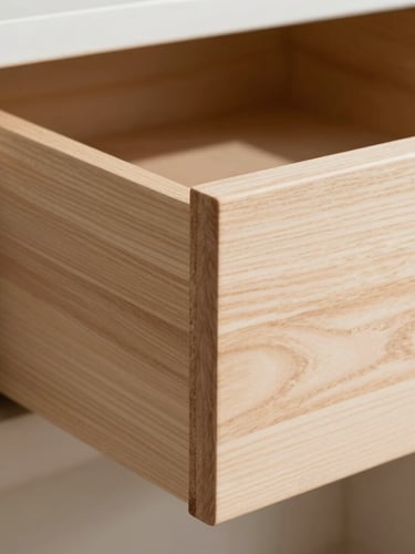 Straight-on architectural detail of a solid maple dovetail drawer joint, bright natural daylight, crisp clean shadows.
