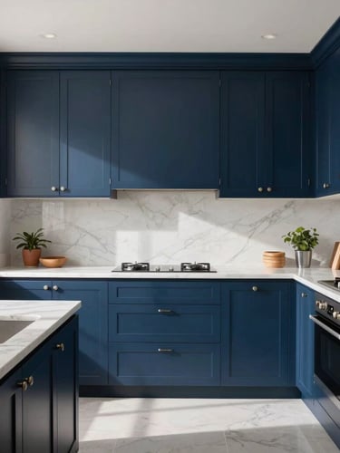Straight-on architectural elevation of a modern kitchen featuring deep navy blue shaker cabinets, crisp white marble countertops, bright natural window daylight, sharp clean shadows.
