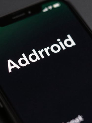 Extreme close-up macro shot of a physical Android device screen displaying a clean, high-contrast dark mode user interface, sharp focus on typography, moody studio lighting with subtle green reflections.