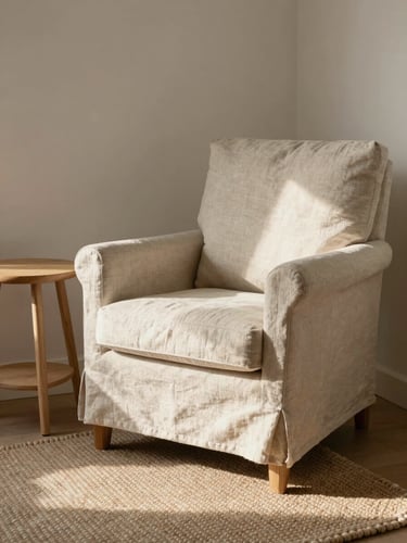 Soft morning light illuminating a quiet nursery corner with a comfortable linen armchair, a light oak side table, and a woven wool rug, captured in a warm, diffused style.