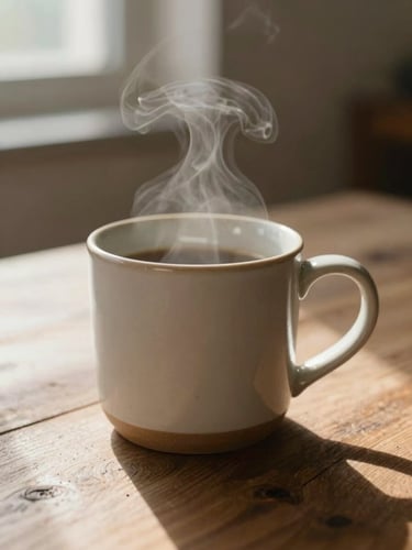 Close-up of a steaming ceramic mug on a rustic wooden table, soft morning light filtering through a window casting gentle shadows, shallow depth of field, warm editorial photography