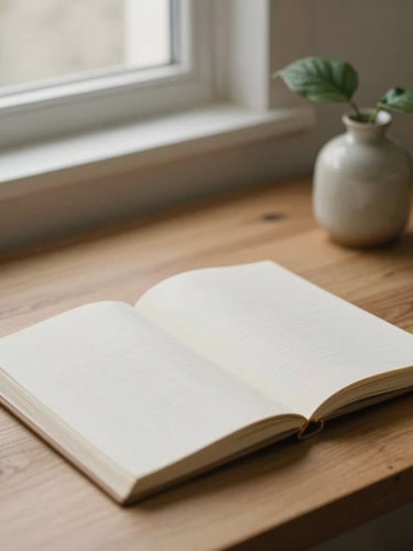 An open linen notebook on a clean wooden desk beside a small green leaf in a ceramic vase, soft diffused overcast daylight, quiet minimalist editorial style