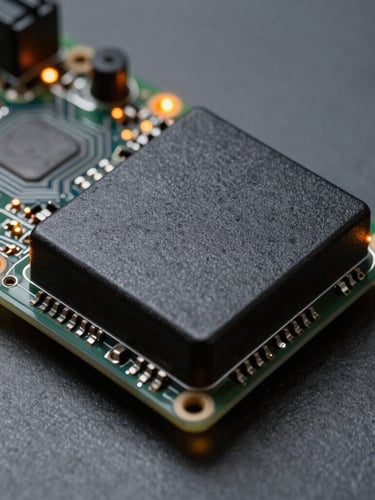 Macro close-up of a vehicle ECU circuit board with glowing orange indicator lights, cool slate-gray background, high-contrast studio lighting